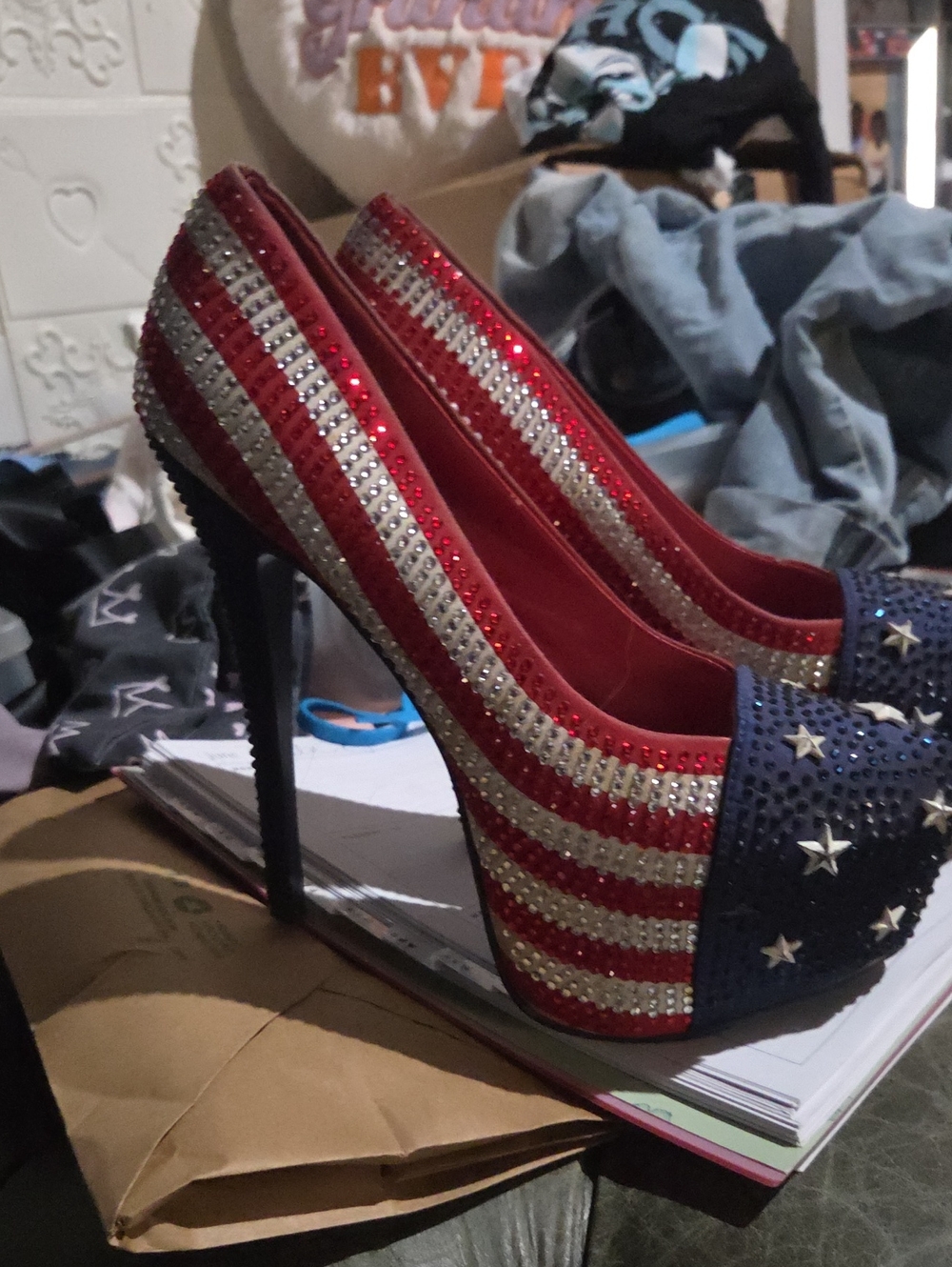 Alba Red, White & Blue Crystal-Embellished High Heel Pumps